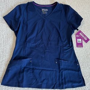 Healing Hands Purple Label Yoga scrub top, size large, navy